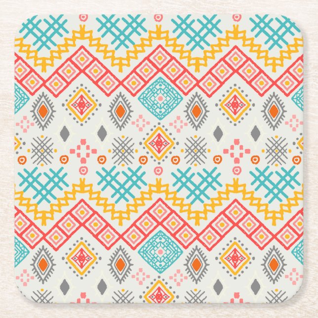 Tribal art: boho geometric print. square paper coaster (Front)