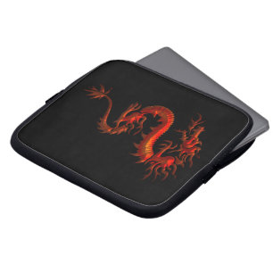 Tribal Asian Red Dragon on Black Laptop Sleeve