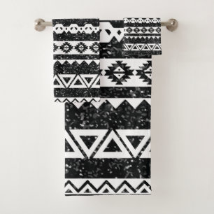 Tribal Aztec Black Glitter White Geometric Shapes Bath Towel Set