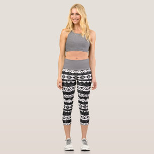 Tribal Aztec Black Glitter White Geometric Shapes Capri Leggings