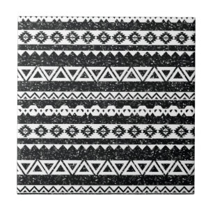 Tribal Aztec Black Glitter White Geometric Shapes Ceramic Tile