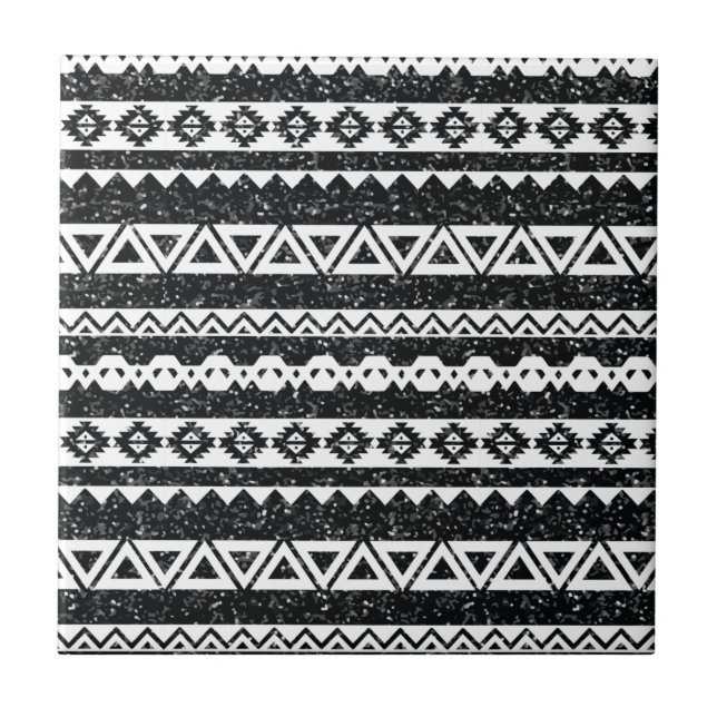 Tribal Aztec Black Glitter White Geometric Shapes Ceramic Tile (Front)