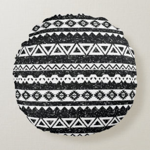 Tribal Aztec Black Glitter White Geometric Shapes Round Cushion