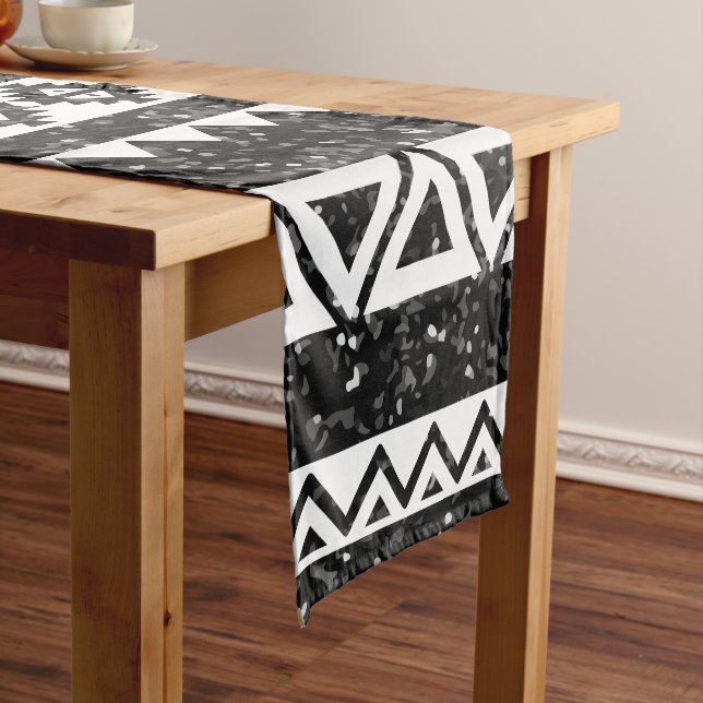 Tribal Aztec Black Glitter White Geometric Shapes Short Table Runner (In Situ)