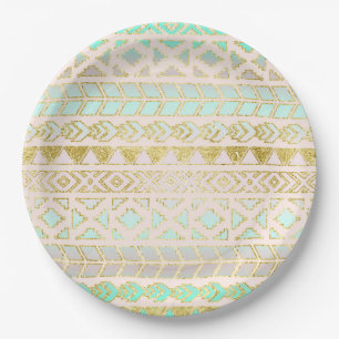 Tribal Aztec Mint and Gold Geometric Paper Plate