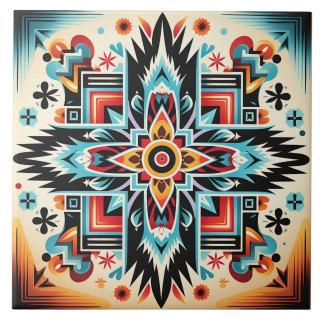 Tribal Aztec pattern geometric abstract colourful Ceramic Tile (Front)
