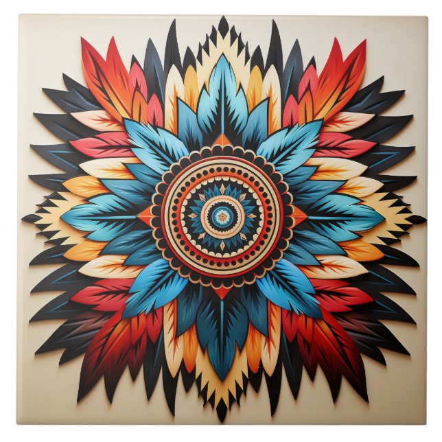 Tribal Aztec pattern geometric abstract colourful Ceramic Tile (Front)