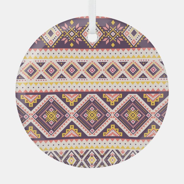 Tribal Aztec striped, geometric pattern. Glass Tree Decoration (Front)