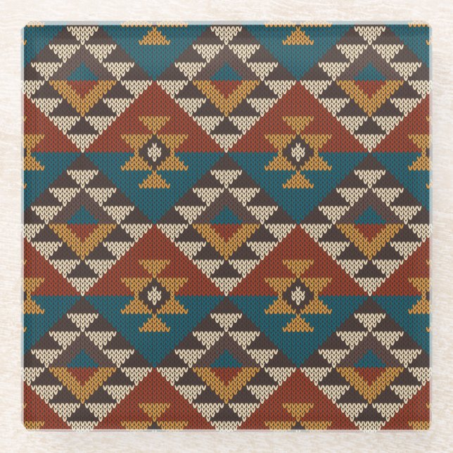 Tribal Aztec Wool Knitted Texture. Glass Coaster (Front)