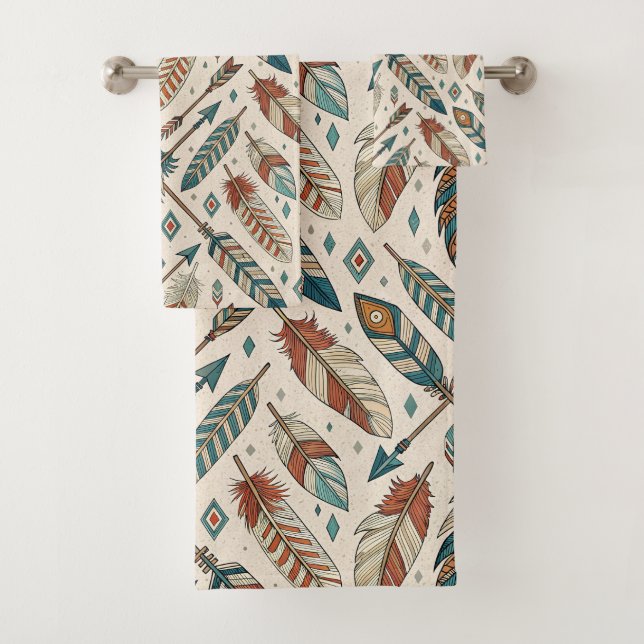 Tribal Bath Towel Native Arrows and Feather Motif (Insitu)