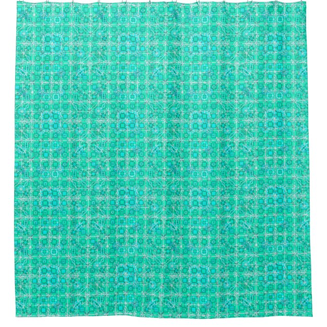 Tribal Batik - aqua and turquoise with white Shower Curtain (Front)