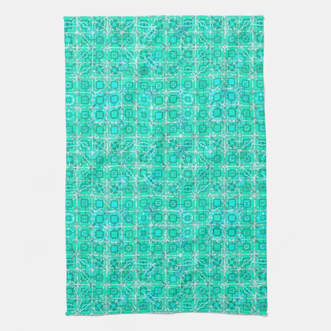 Tribal Batik - aqua and turquoise with white Tea Towel (Vertical)