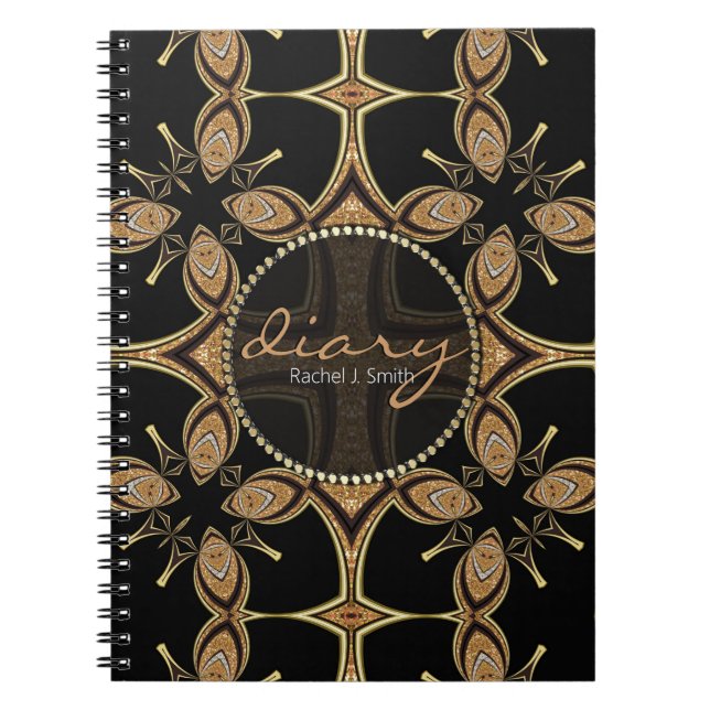 Tribal Batik Butterfly Black Gold Diary Notebook (Front)