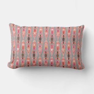 Tribal Batik - Coral Pink and Silver Grey Lumbar Cushion