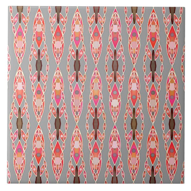 Tribal Batik - Coral Pink and Silver Grey Tile (Front)