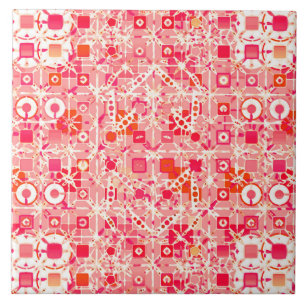 Tribal Batik - coral pink, coral orange and cream Ceramic Tile