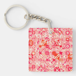 Tribal Batik - coral pink, coral orange and cream Key Ring