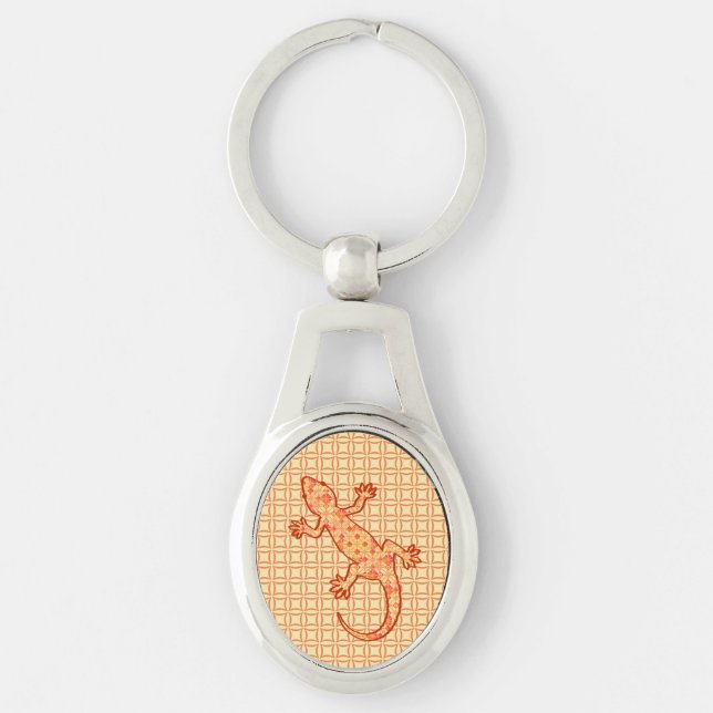 Tribal batik Gecko - coral and light orange Key Ring (Front)