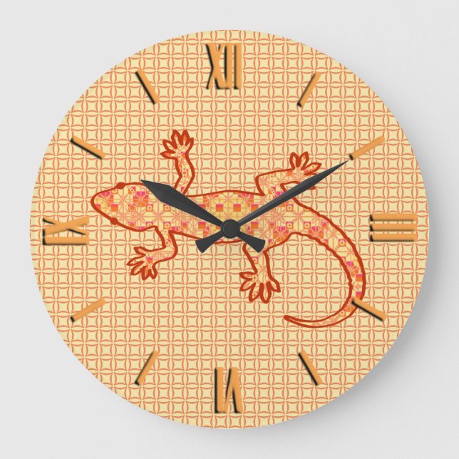 Tribal batik Gecko - coral and light orange Large Clock (Front)