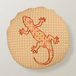 Tribal batik Gecko - coral and light orange Round Cushion