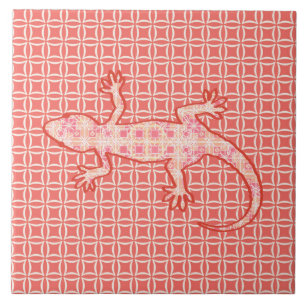 Tribal batik Gecko - coral pink and cream Ceramic Tile