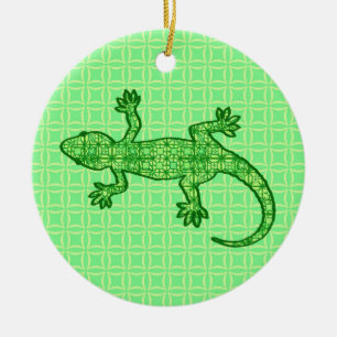 Tribal batik Gecko - lime and emerald green Ceramic Ornament