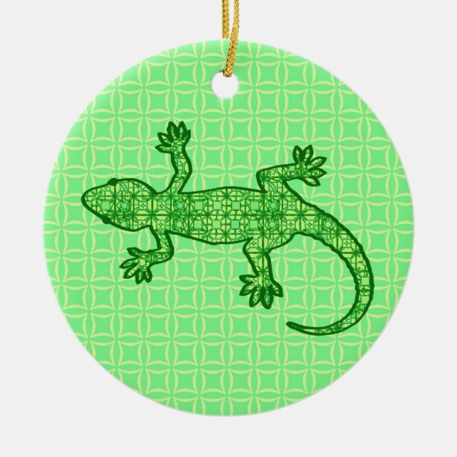 Tribal batik Gecko - lime and emerald green Ceramic Ornament (Front)