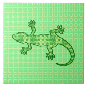 Tribal batik Gecko - lime and emerald green Ceramic Tile