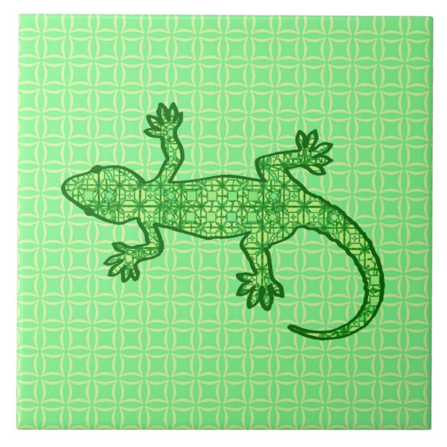 Tribal batik Gecko - lime and emerald green Ceramic Tile (Front)