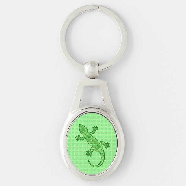 Tribal batik Gecko - lime and emerald green Key Ring (Front)