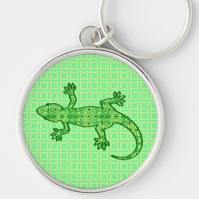 Tribal batik Gecko - lime and emerald green Key Ring (Front)