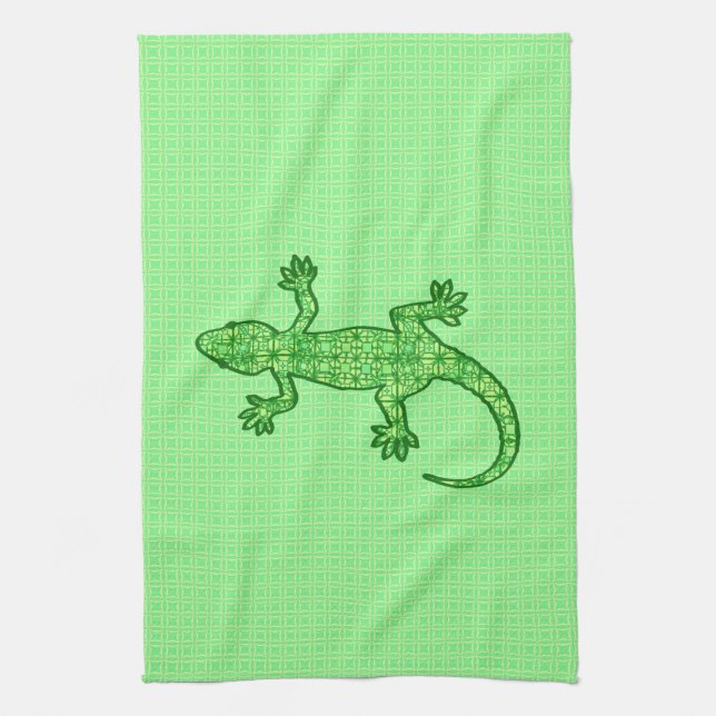 Tribal batik Gecko - lime and emerald green Tea Towel (Vertical)