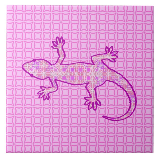 Tribal batik Gecko - orchid and shell pink Ceramic Tile (Front)