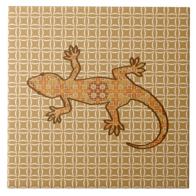 Tribal batik Gecko - rust, amber and tan Ceramic Tile (Front)
