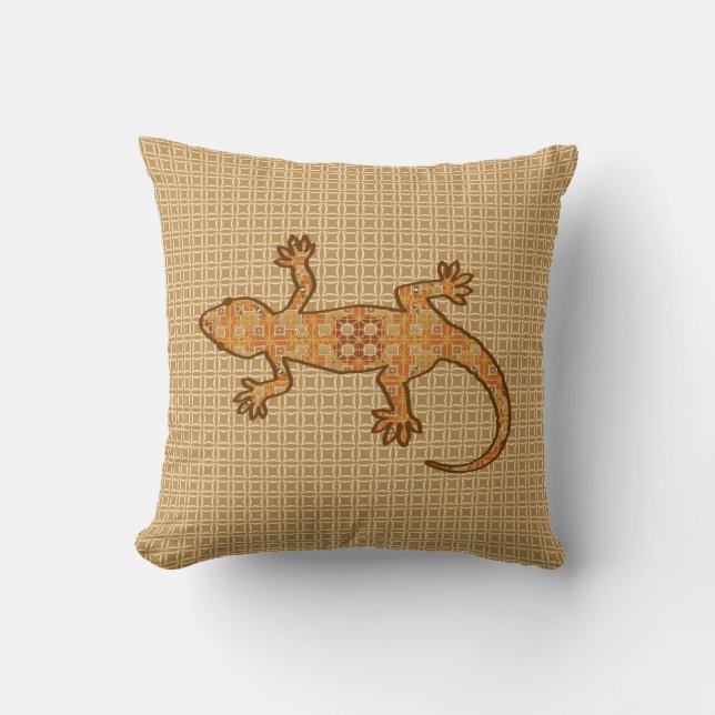 Tribal batik Gecko - rust, amber and tan Cushion (Front)