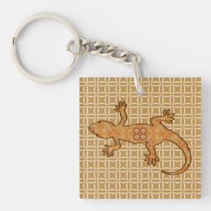 Tribal batik Gecko - rust, amber and tan Key Ring