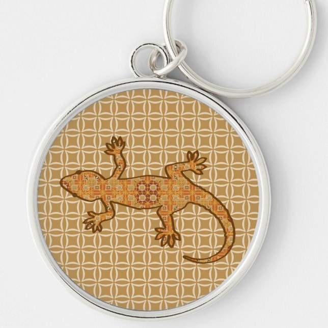 Tribal batik Gecko - rust, amber and tan Key Ring (Front)