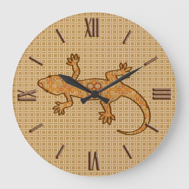 Tribal batik Gecko - rust, amber and tan Large Clock (Front)
