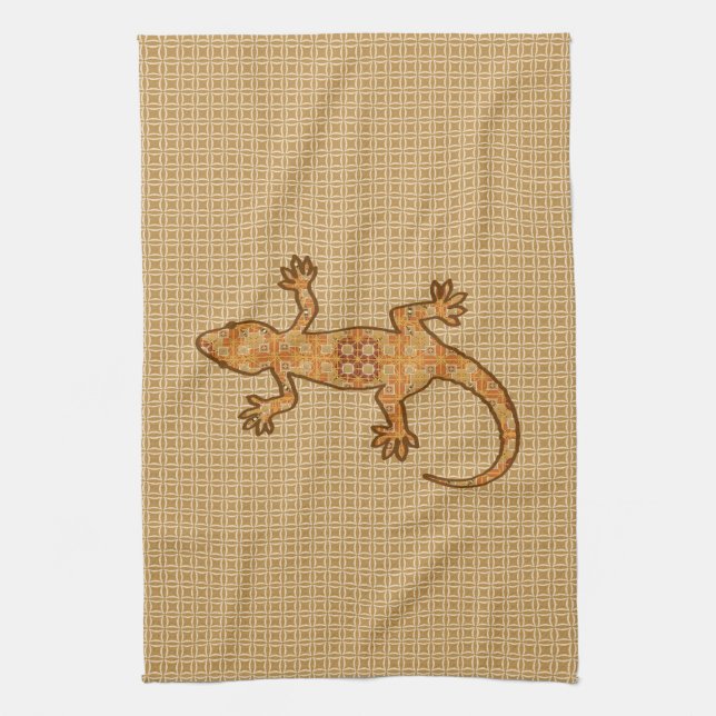 Tribal batik Gecko - rust, amber and tan Tea Towel (Vertical)