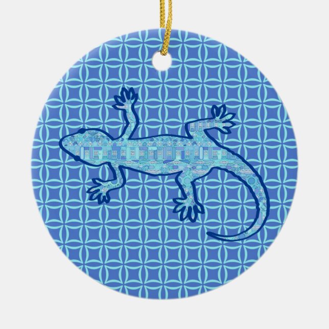 Tribal batik Gecko - soft denim blue Ceramic Ornament (Front)