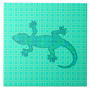 Tribal batik Gecko - turquoise / peacock Ceramic Tile