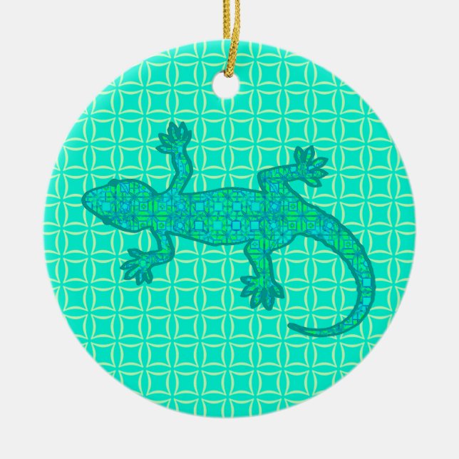 Tribal batik Gecko - turquoise / peacock Ceramic Tree Decoration (Front)