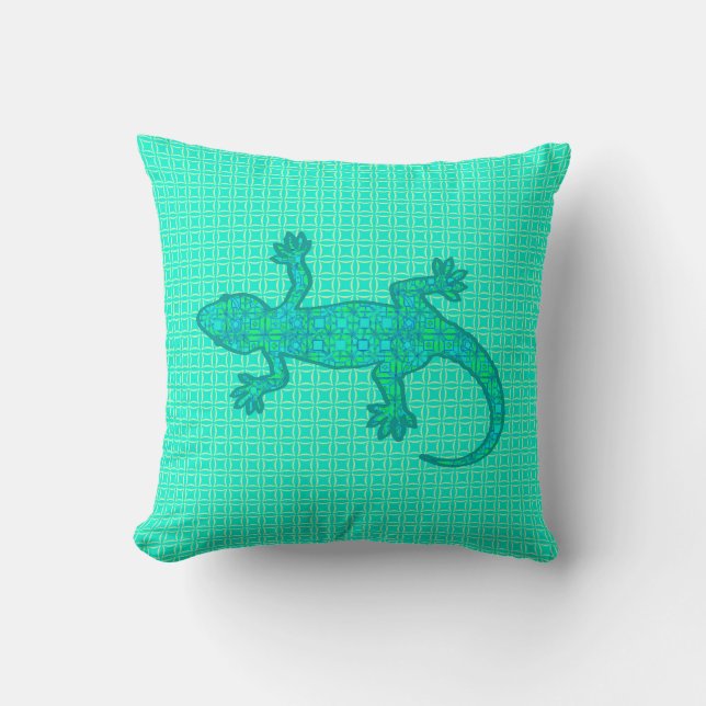 Tribal batik Gecko - turquoise / peacock Cushion (Front)
