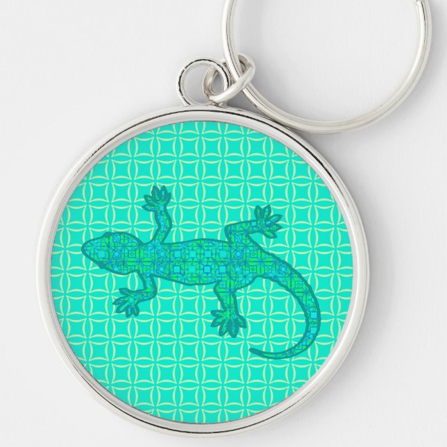 Tribal batik Gecko - turquoise / peacock Key Ring (Front)