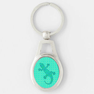Tribal batik Gecko - turquoise / peacock Key Ring