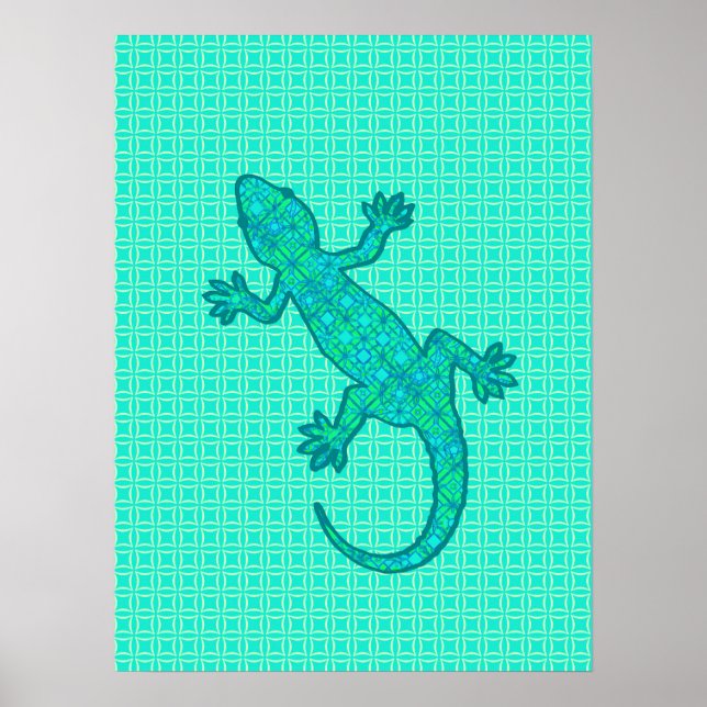 Tribal batik Gecko - turquoise / peacock Poster (Front)