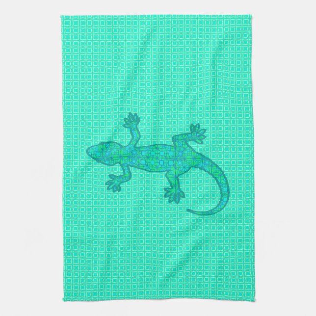 Tribal batik Gecko - turquoise / peacock Tea Towel (Vertical)