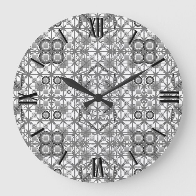 Tribal Batik - grey / grey, black and white Large Clock (Front)