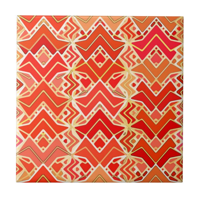 Tribal Batik in Mandarin and Light Orange  Ceramic Tile (Front)