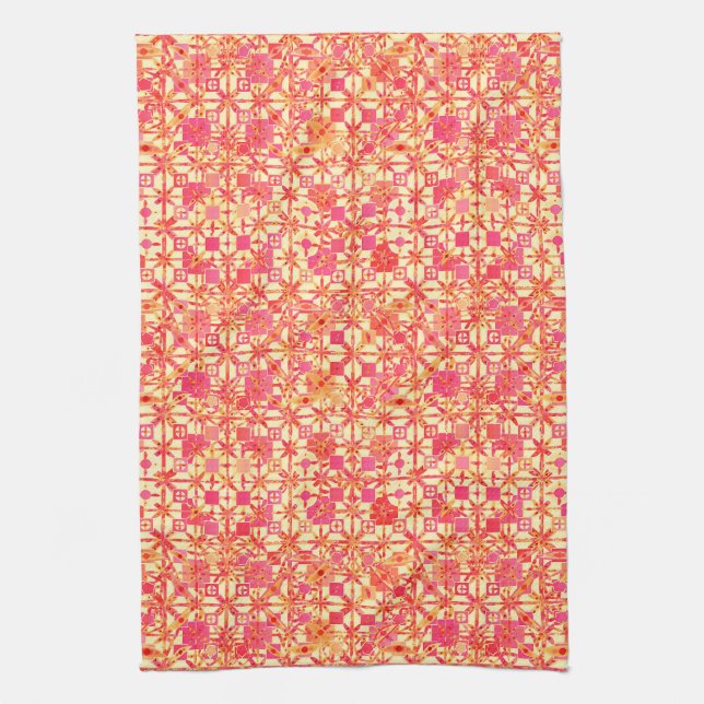 Tribal Batik - orange, coral pink and fuchsia Tea Towel (Vertical)
